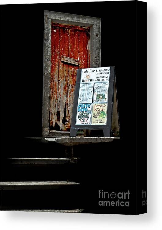 Cafe Entrance Stylish Effective Artistic Charming Painterly Old Canvas Print featuring the photograph Happy Days - Was Lovely Cafe Once - Look What This Virus Can Do by Tatiana Bogracheva