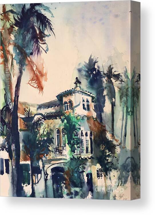 #palms #trees #carlsbad #california #watercolor #watercolorpainting #glenneff #neff #thesoundpoetsmusic #picturerockstudio #spanish #architecture Www.glenneff.com Canvas Print featuring the painting Carlsbad Palm Trees by Glen Neff