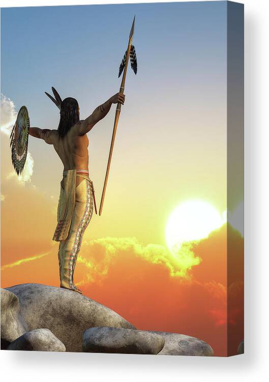 Native American Canvas Print featuring the digital art Challenging Dawn by Daniel Eskridge