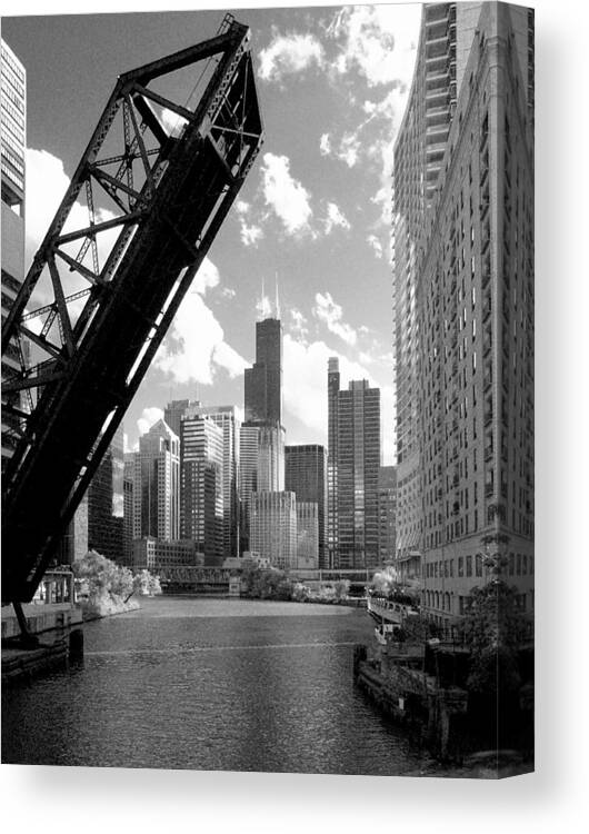 Architecture Canvas Print featuring the photograph Chicago Skyline Raised River Bridge by Patrick Malon
