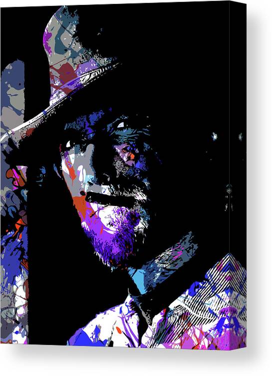Clint Eastwood Canvas Print featuring the digital art Clint Eastwood psychedelic portrait by Movie World Posters