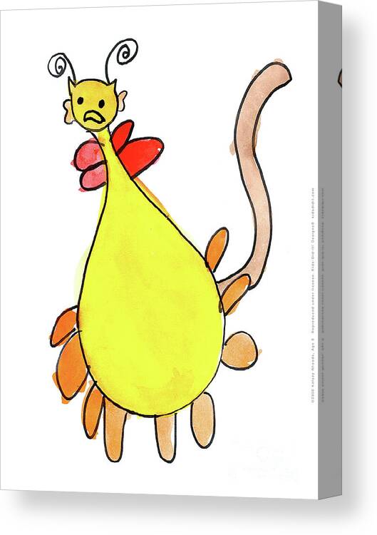 Animal Fantasy Creature Yellow Orange Red White Cartoon Bug Fun Playful Catlike Tail Crazy Cute Colorful Antenna Collar Anime Balloon Surprise Kids Kids-did-it Art By Kids Children's Art Watercolor Kelsey Rhoads Canvas Print featuring the painting Creature by Kelsey Rhoads Age 8