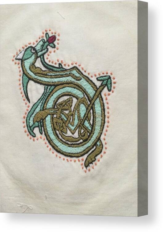 Embroidery Canvas Print featuring the tapestry - textile D is for Dragon by Donna Huntriss