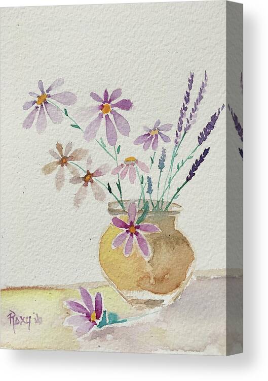 Daisies Canvas Print featuring the painting Daisies and Lavender by Roxy Rich