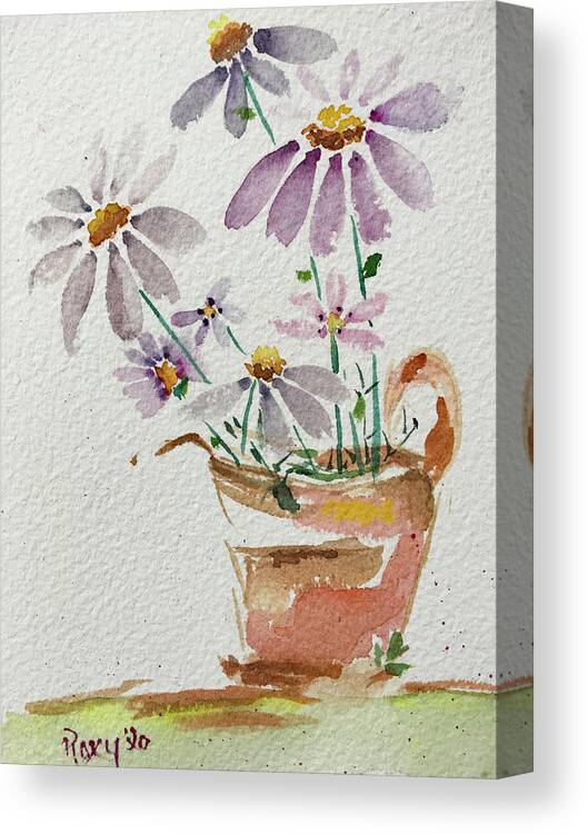 Daisy Canvas Print featuring the painting Daisies in a Rusty Copper Pitcher by Roxy Rich