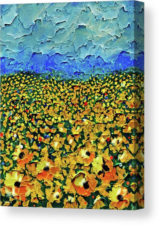 Sunflowers Canvas Print featuring the mixed media Dancing Sunflowers- Art by Linda Woods by Linda Woods