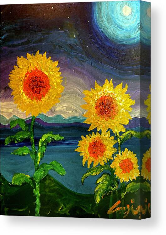 Dancing Sunflowers Under A Full Moon Canvas Print featuring the painting Dancing Sunflowers Under A Full Moon by Amzie Adams