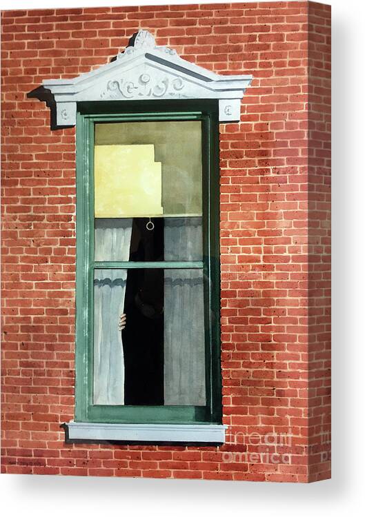 An Upstairs Window Of The Perkins Building In Downtown Coffeyville Shows A Hand Pulling Back A Curtain. Canvas Print featuring the painting Day Of The Daltons by Monte Toon