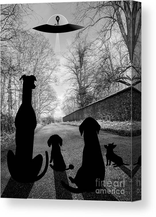 Dogs Canvas Print featuring the digital art Dogs Spy Alien in Flying Saucer by Donna Mibus