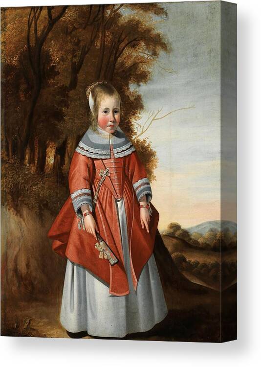 Dutch Canvas Print featuring the painting Dutch School mid th Century Portrait of a girl in a red dress standing in a by MotionAge Designs