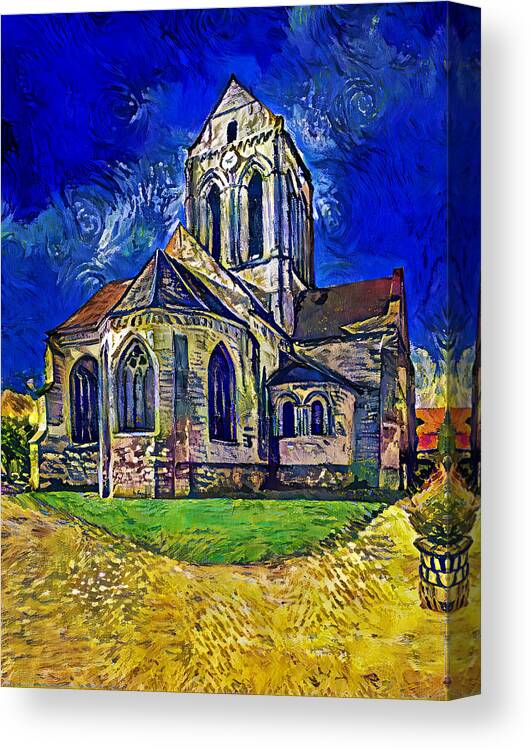 Notre-dame-de-l'assomption Canvas Print featuring the digital art Eglise Notre-Dame-de-l'Assomption d'Auvers-sur-Oise - digital painting in the style of van Gogh by Nicko Prints