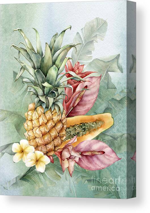 Tropical Flowers Canvas Print featuring the digital art Exotic Tropicals Pineapple and Plumeria by J Marielle
