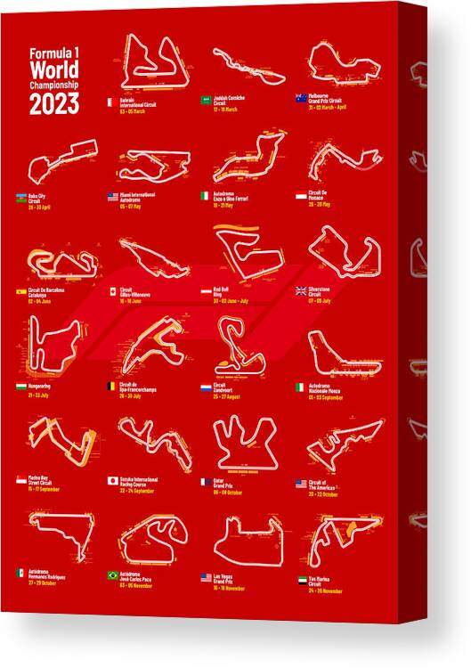 F1 Canvas Print featuring the digital art F1 Circuits 2023 Red by Afterdarkness