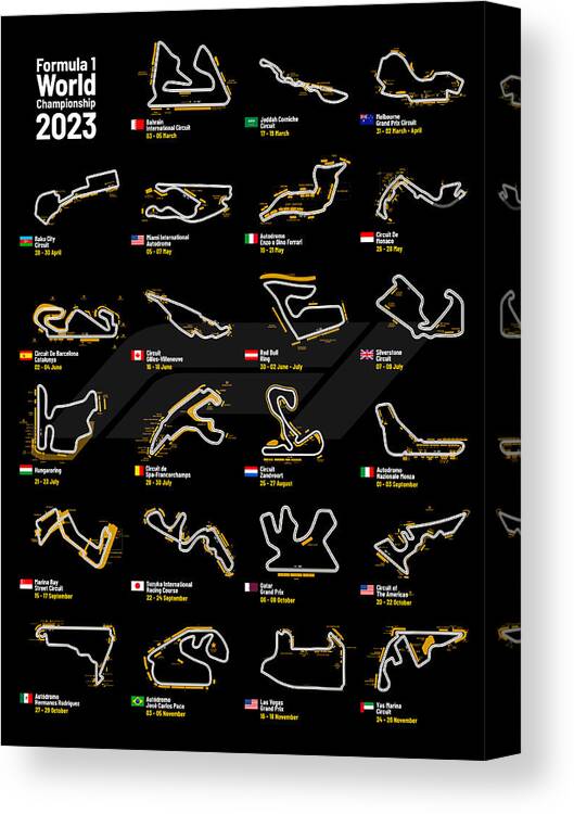 F1 Canvas Print featuring the digital art F1 Circuits 2023 Black by Afterdarkness