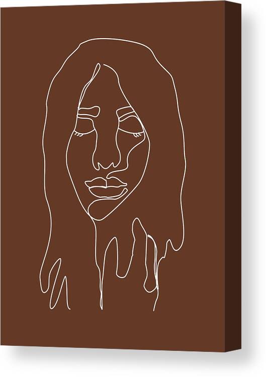 Portrait Canvas Print featuring the mixed media Face 02 - Abstract Minimal Line Art Portrait of a Girl - Single Stroke Portrait - Terracotta, Brown by Studio Grafiikka