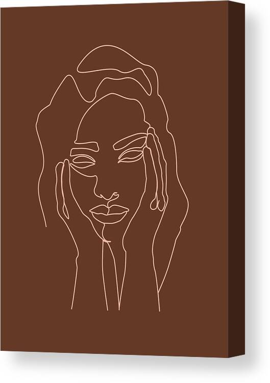 Portrait Canvas Print featuring the mixed media Face 05 - Abstract Minimal Line Art Portrait of a Girl - Single Stroke Portrait - Terracotta, Brown by Studio Grafiikka