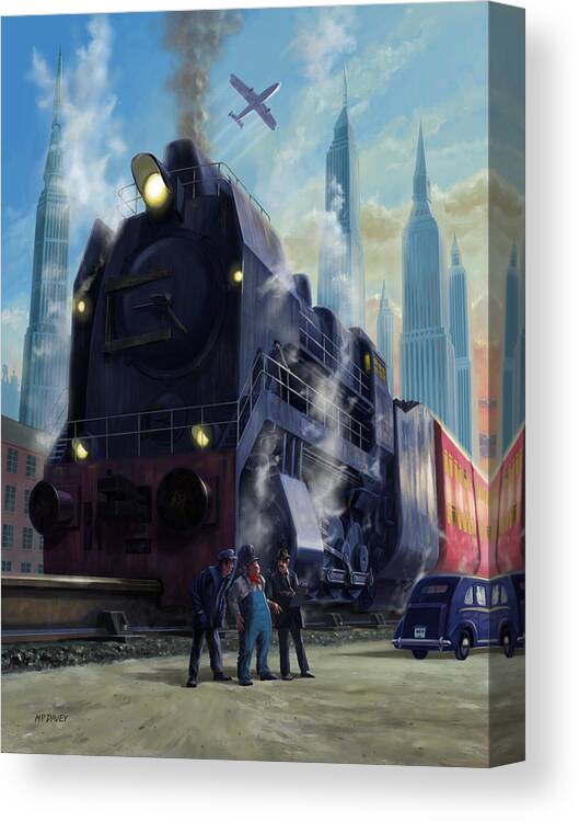 Train Canvas Print featuring the digital art Fantasy big railroad locomotive departing city by Martin Davey
