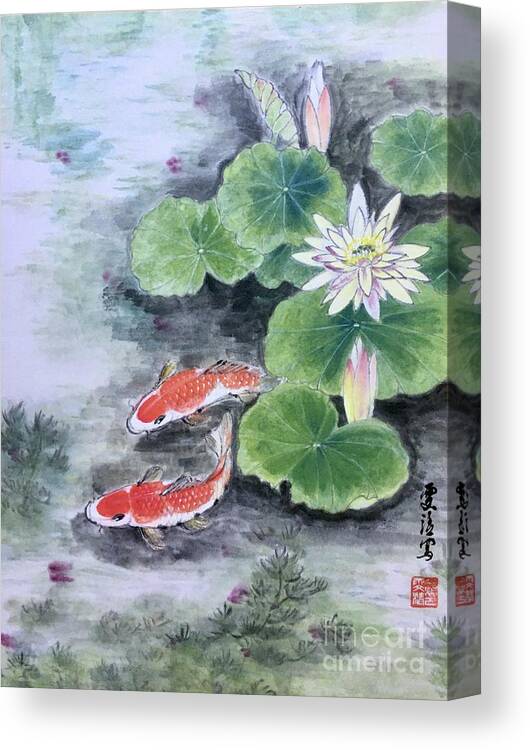 Lake Canvas Print featuring the painting Fishes Joy by Carmen Lam
