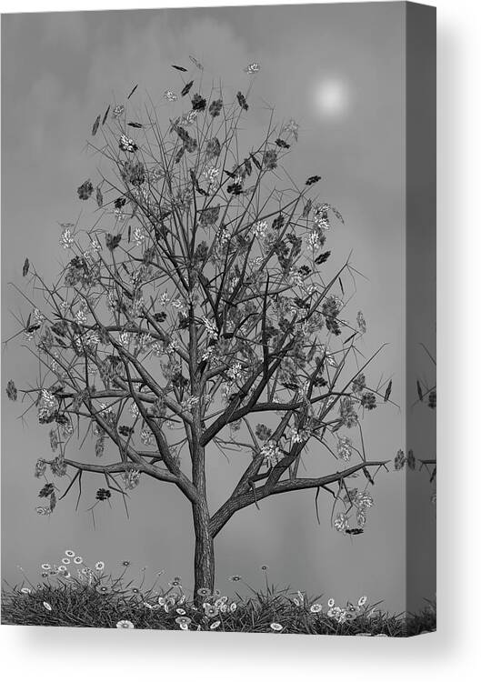 Autumn Canvas Print featuring the mixed media Flowers Beneath The Autumn Tree Black and White by David Dehner
