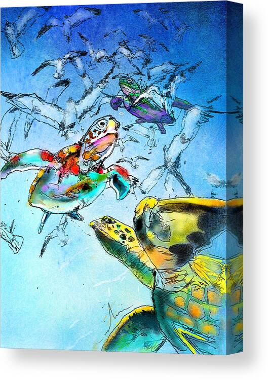Turtle Canvas Print featuring the painting Flying in a Blue Dream by Miki De Goodaboom