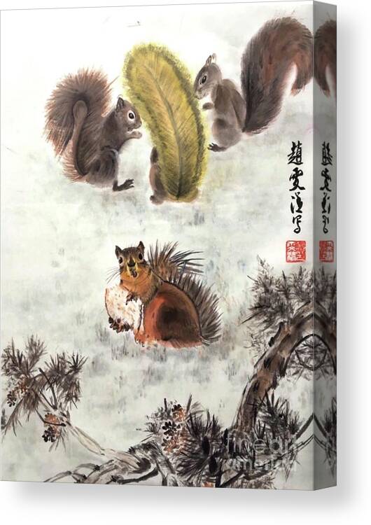 Squirrels Canvas Print featuring the painting Four Squirrels In The Neighborhood by Carmen Lam