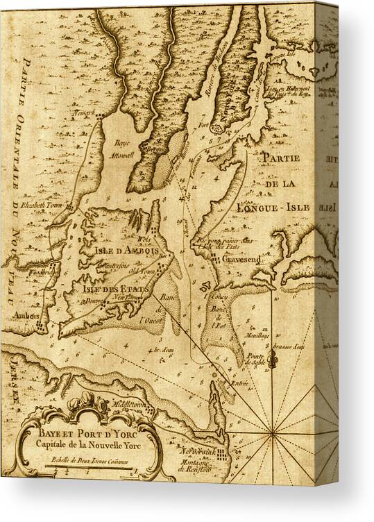North America Canvas Print featuring the drawing French Map of New York, Islands and Harbor by Vintage Maps