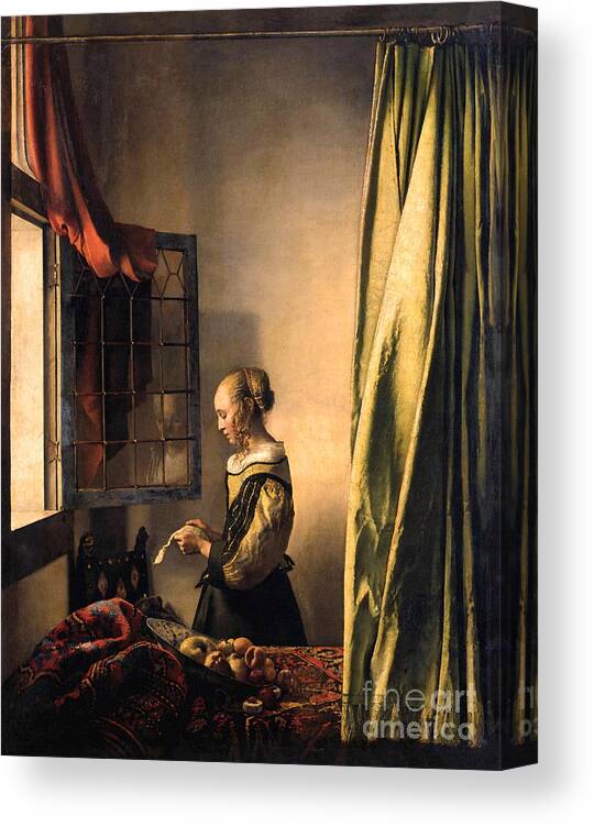Girl Reading A Letter At An Open Window Canvas Print featuring the painting Girl Reading a Letter at an Open Window by Johannes Vermeer