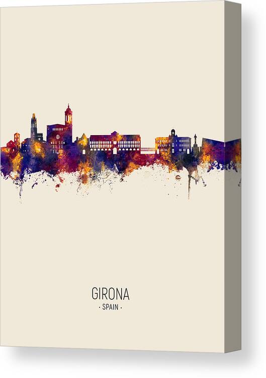 Girona Canvas Print featuring the digital art Girona Spain Skyline #56 by Michael Tompsett