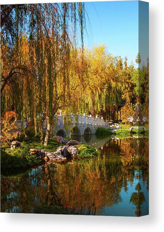 Bridge Reflection Canvas Print featuring the photograph Golden Leaves Reflection by Jerry Cowart