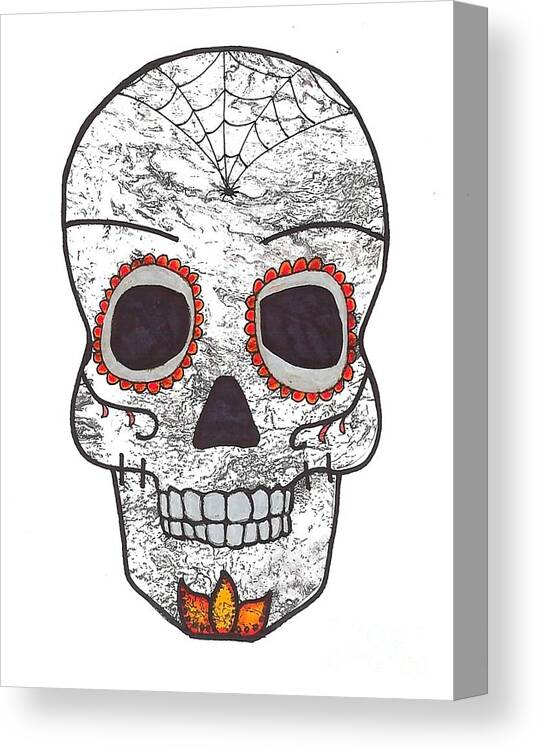 Grey And Orange Skull Canvas Print featuring the mixed media Gray Sugar Skull by Expressions By Stephanie