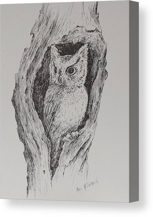 Owl Canvas Print featuring the drawing Great Horned Owl by ML McCormick