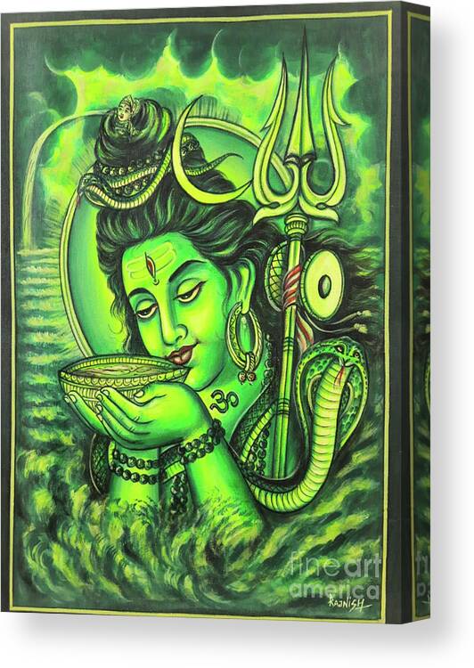 Green Shiva Drinking Poison Painting On Canvas Canvas Print featuring the painting green Shiva drinking poison painting on canvas by Manish Vaishnav