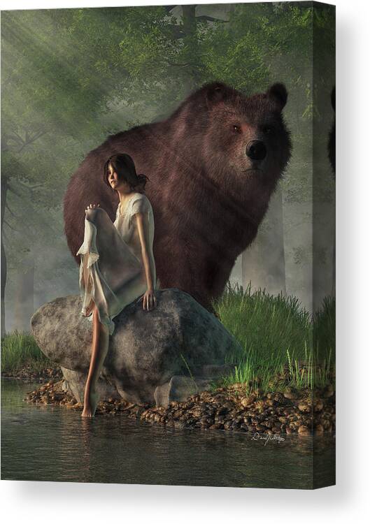 Grizzly Bear Canvas Print featuring the digital art Grizzly Bear and Girl in a Nightgown by Daniel Eskridge