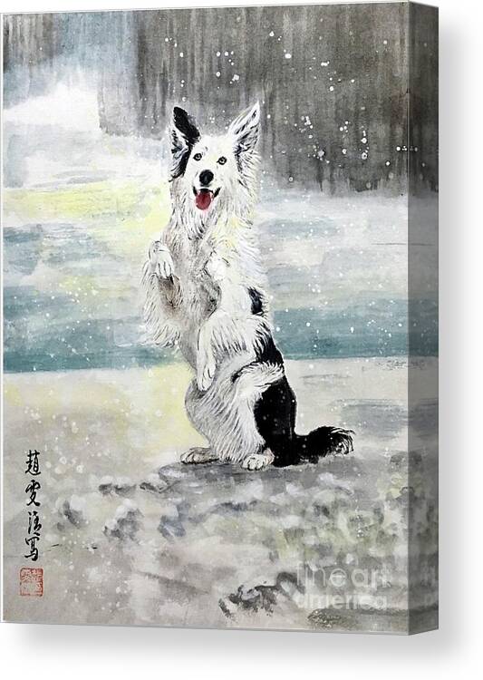 Puppy Art Canvas Print featuring the painting Happy Puppy in the Snow by Carmen Lam