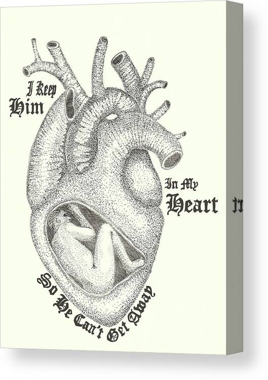 Anatomical Heart Canvas Print featuring the drawing I Keep Him in My Heart, So He Can't Get Away by Jenny Armitage