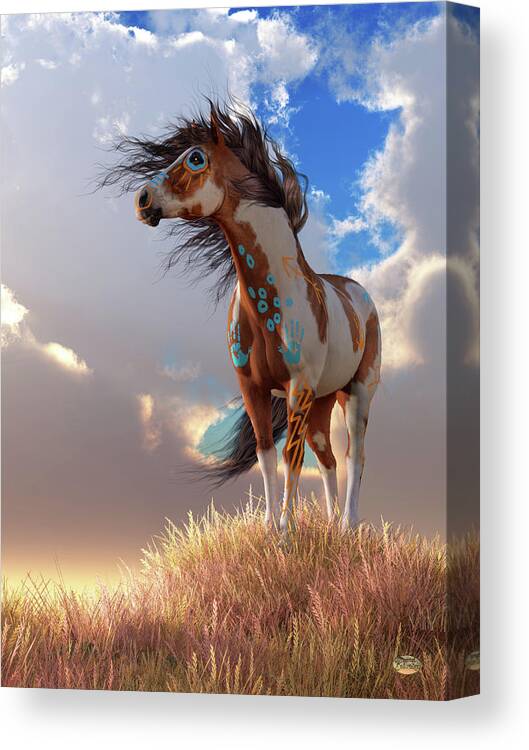 Pinto War Horse Canvas Print featuring the digital art Indian Pony by Daniel Eskridge