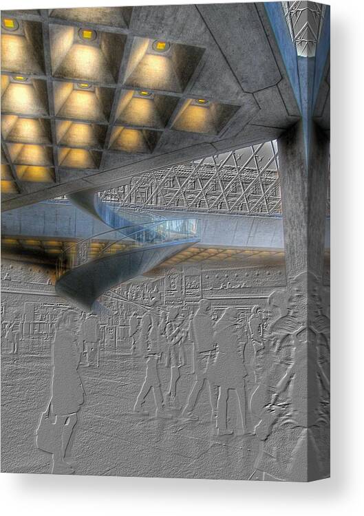 Louvre Canvas Print featuring the photograph Inside the Louvre in Paris - Emboss and colors series by Marianna Mills