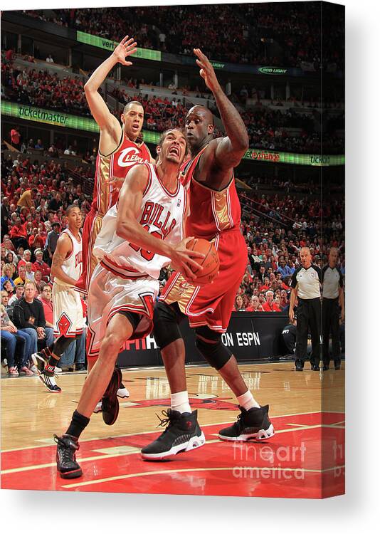 Chicago Bulls Canvas Print featuring the photograph Joakim Noah and Shaquille O'neal by Joe Murphy