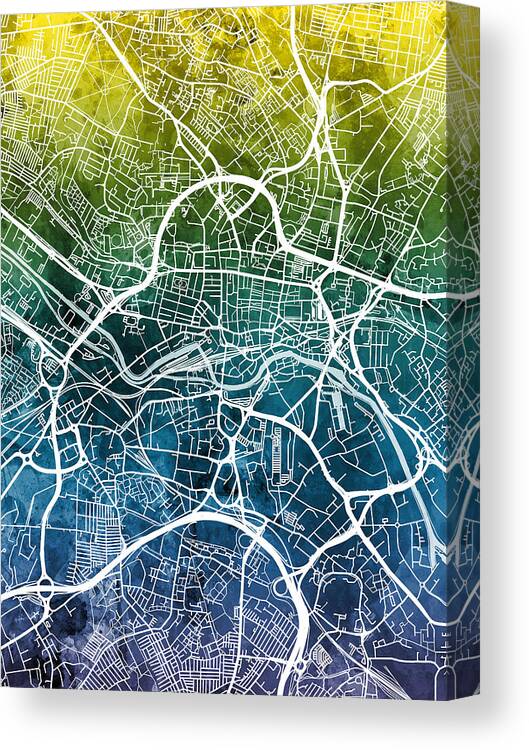 Leeds Canvas Print featuring the digital art Leeds England Street Map #41 by Michael Tompsett
