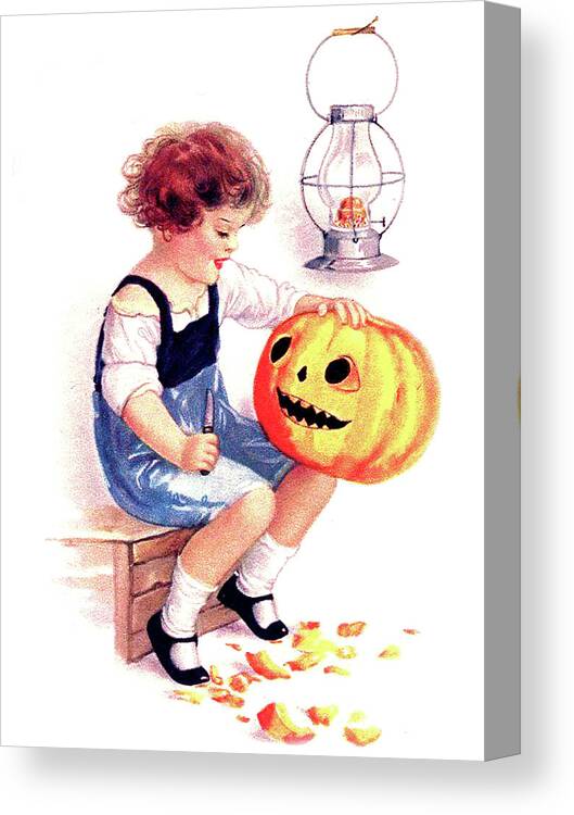 Little Girl Canvas Print featuring the digital art Little Girl Carving Pumpkin by Long Shot