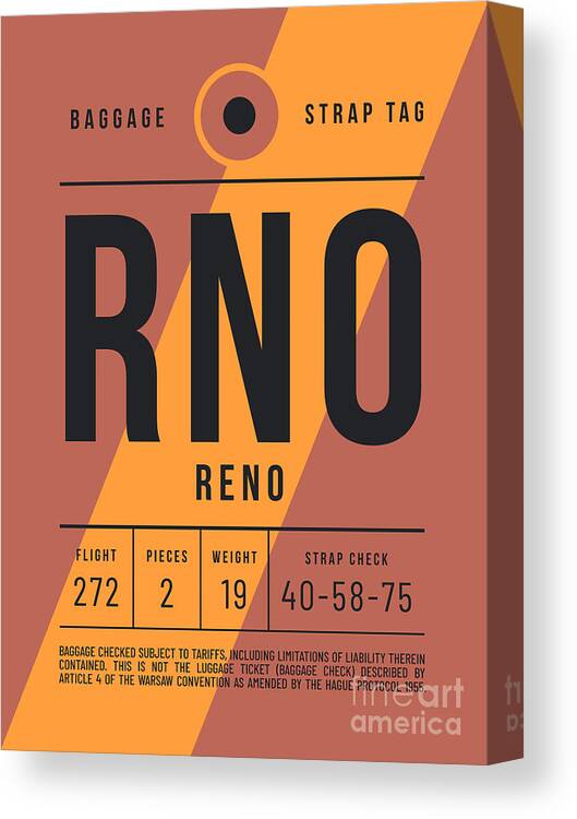 Airline Canvas Print featuring the digital art Luggage Tag E - RNO Reno Nevada USA by Organic Synthesis