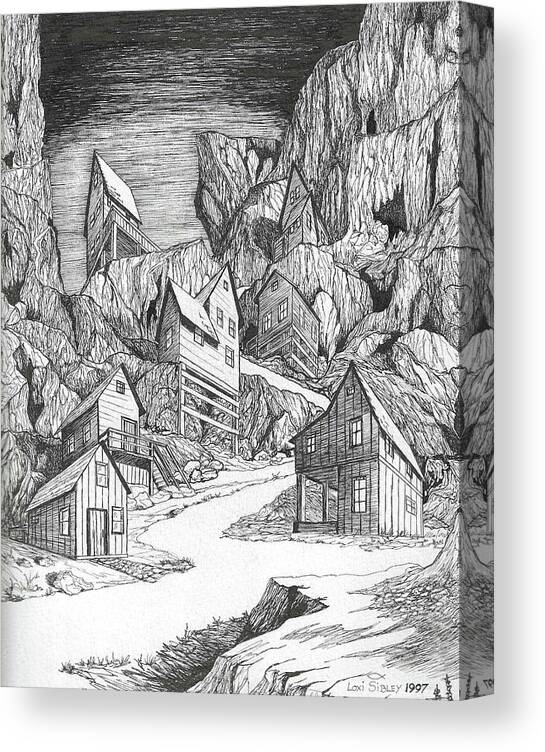 Old Canvas Print featuring the drawing Miner's Village by Loxi Sibley