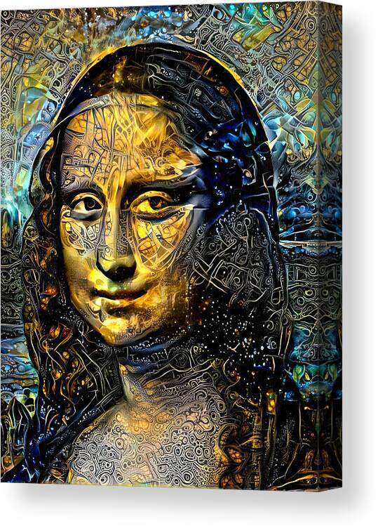 Mona Lisa Canvas Print featuring the digital art Mona Lisa by Leonardo da Vinci - golden night design by Nicko Prints