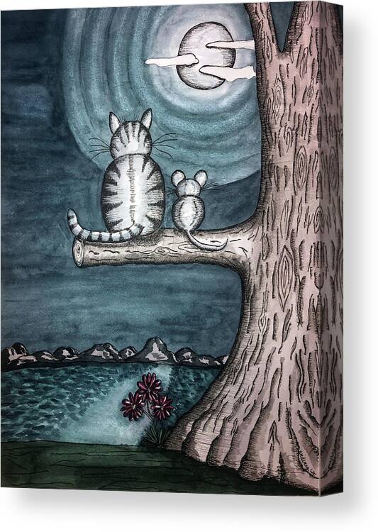 Landscape Canvas Print featuring the painting Moonlight Cat and Mouse by Christina Wedberg