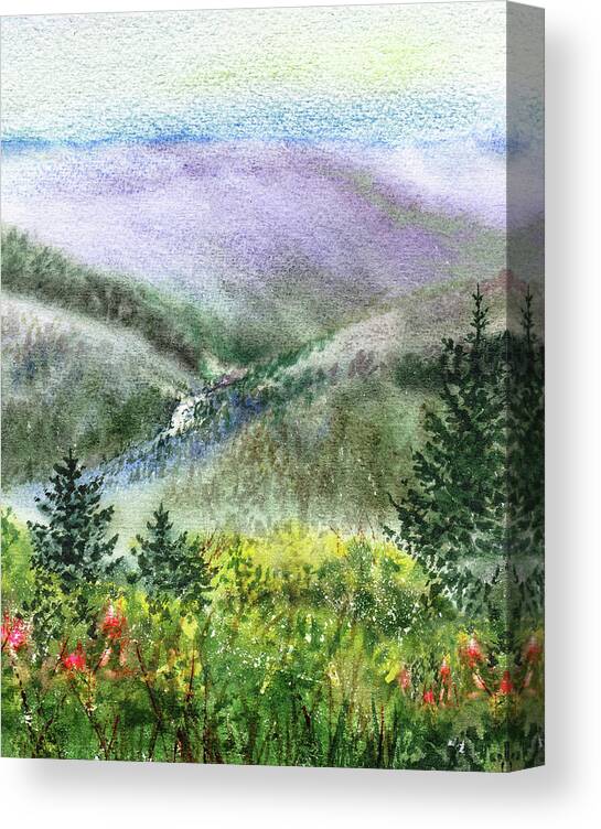Hills Canvas Print featuring the painting Mountain Creek Between Rolling Hills And Pine Forest by Irina Sztukowski