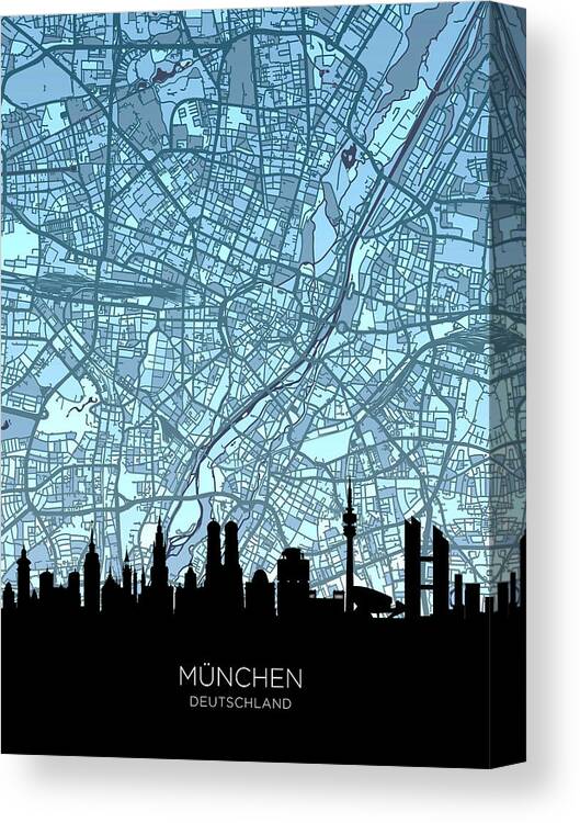 Munich Canvas Print featuring the digital art Munich Skyline Map #77 by Michael Tompsett