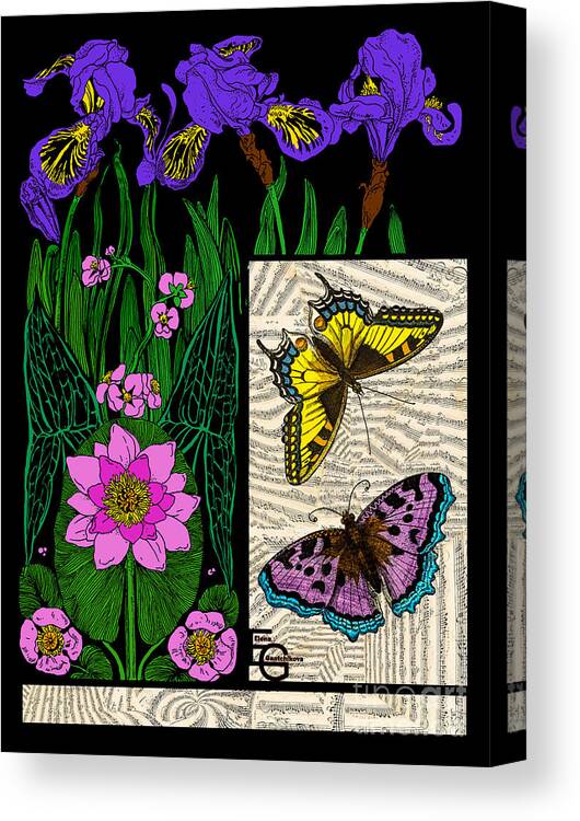 Musical Art Canvas Print featuring the mixed media Musical art Musical score Music collage style Art Nouveau irises water lilies butterflies on a black by Elena Gantchikova