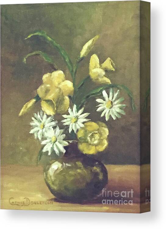 Still Life Canvas Print featuring the painting First Love -- Daffodils and Daisies by Catherine Ludwig Donleycott