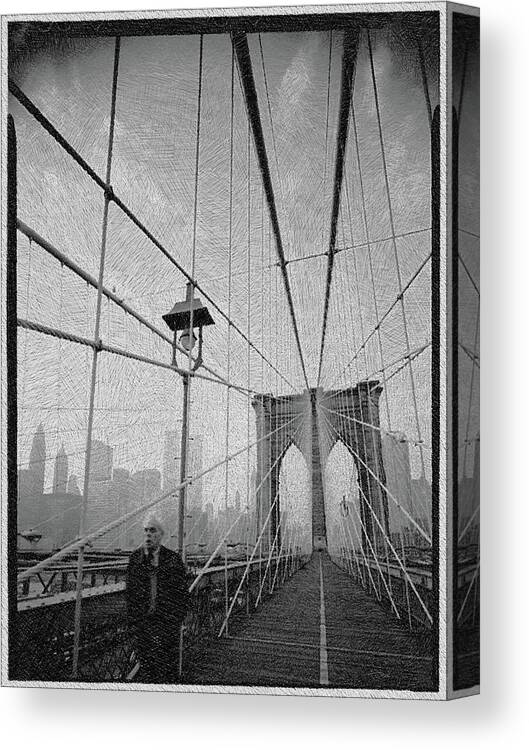 Brooklyn Canvas Print featuring the painting New York City Brooklyn Bridge Black And White by Tony Rubino