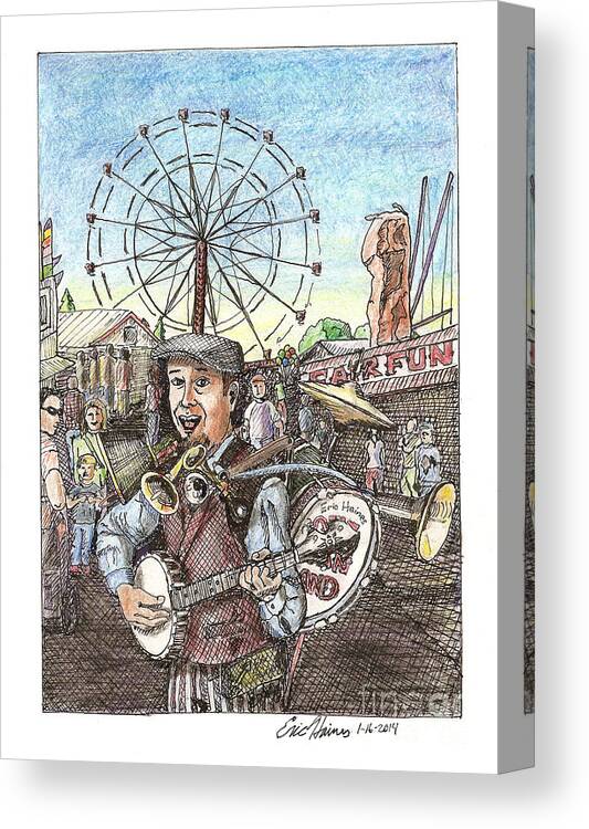 One Man Band Canvas Print featuring the drawing One Man Band at the Fair by Eric Haines